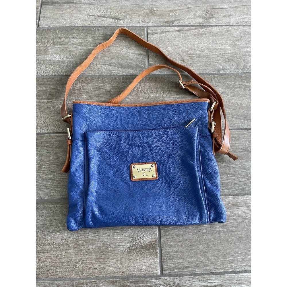 Valentina In Pell Man Crossbody Bag Leather Italy Medium Blue Brown Gold 13.5x11